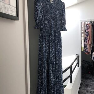 Floral Navy Blue Maxi Dress with Smocked Bodice